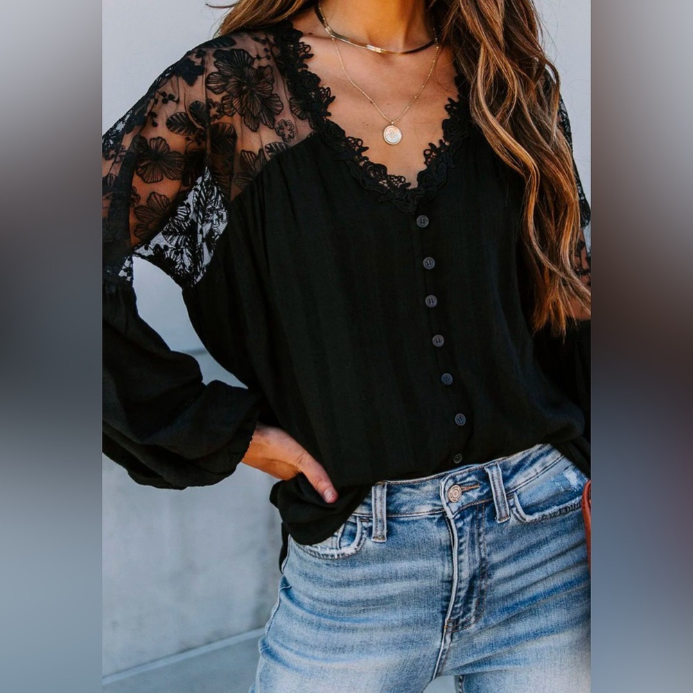 Chic Black Lace Button-Up Blouse